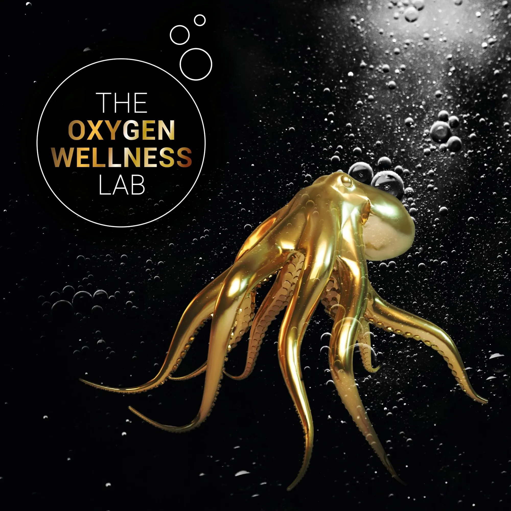Gouden octopus tussen zuurstofbubbels met het logo van The Oxygen Wellness Lab